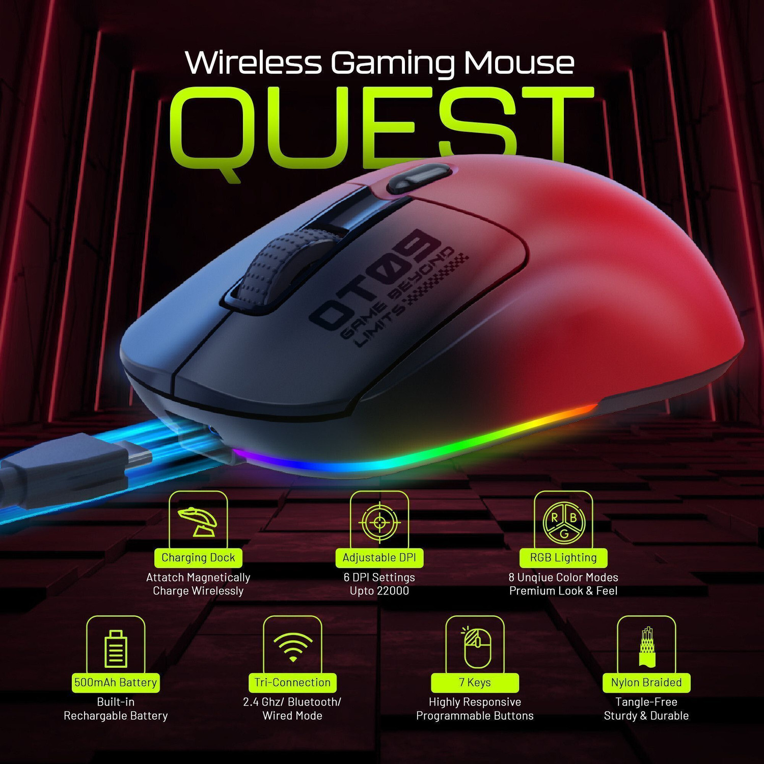 Image of Archer Tech Lab Quest Ambidextrous Optical Gaming Mouse (2.4GHz Wireless, Bluetooth, Red, Black)