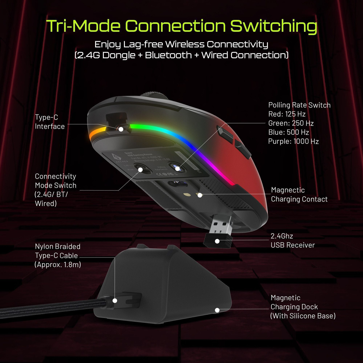 Image of Archer Tech Lab Quest Ambidextrous Optical Gaming Mouse (2.4GHz Wireless, Bluetooth, Red, Black)