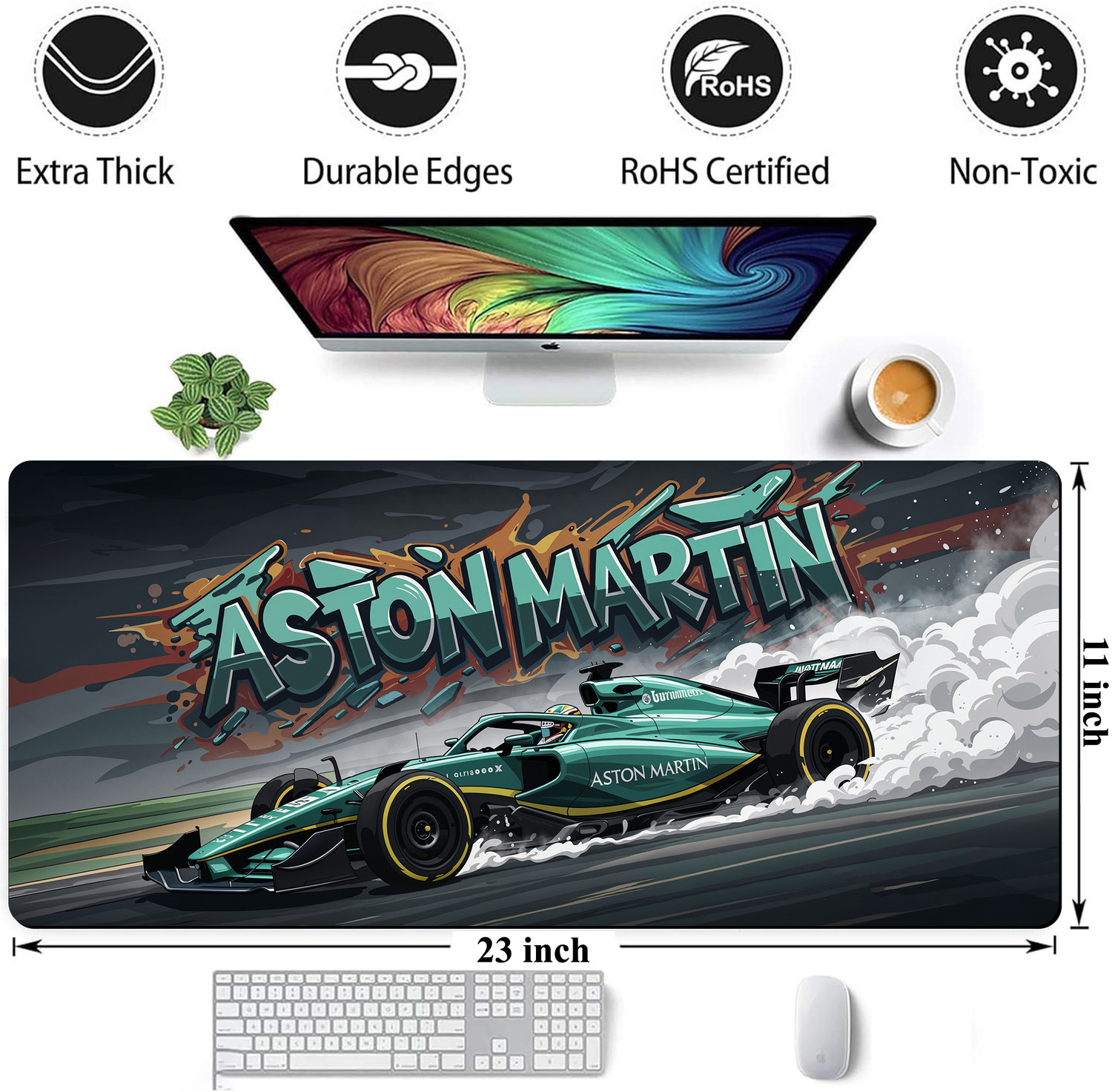 Image of Matnex British Racing Green Luxury F1 Spirit Extended Mat - 11x23 inch, 3mm thickness Non Slip Base Mousepad (Astonmartin)