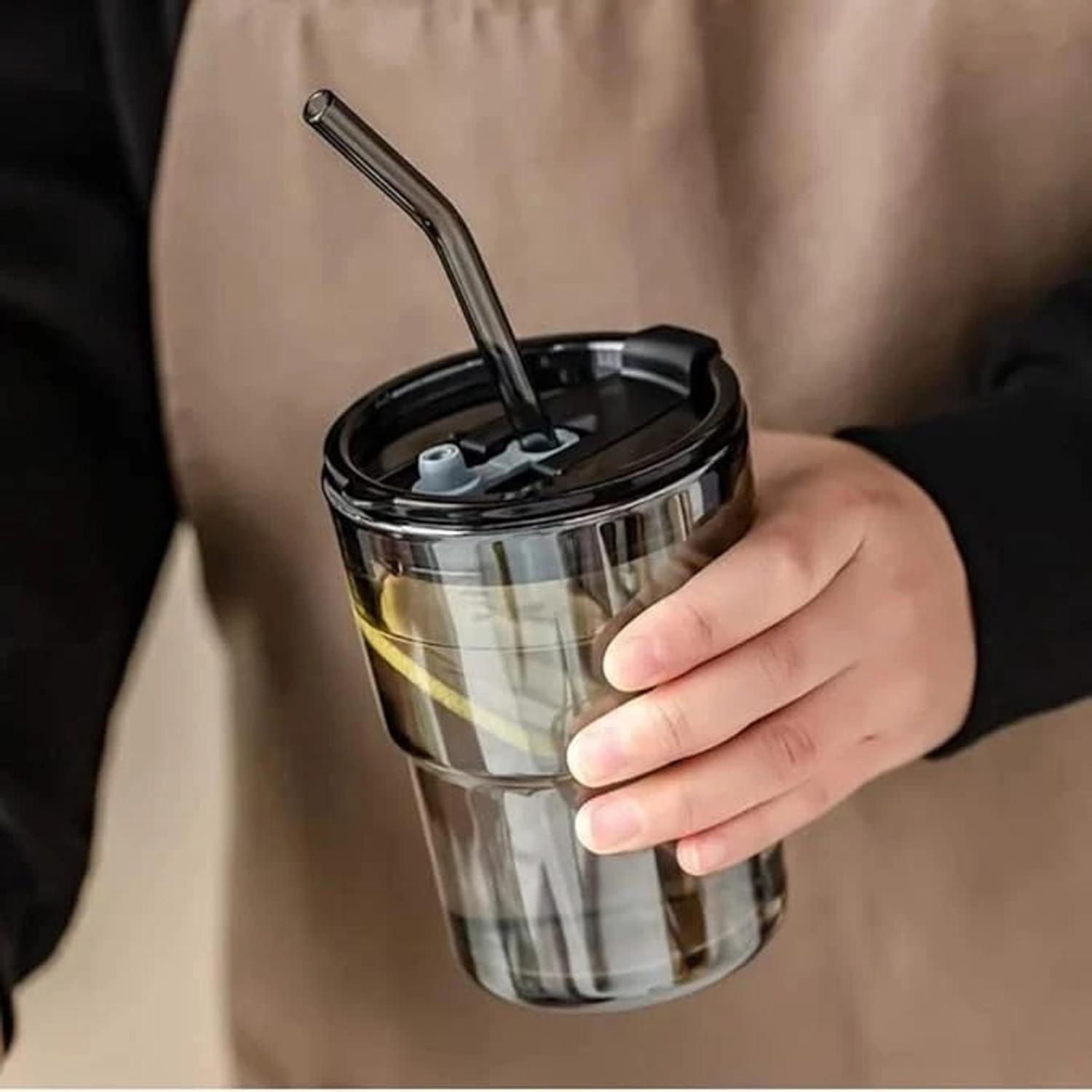 Image of JAY RAMDEV SELLER Drinking Glasses with Bamboo Lids and Glass Straw Glass Tumbler (500 ml)