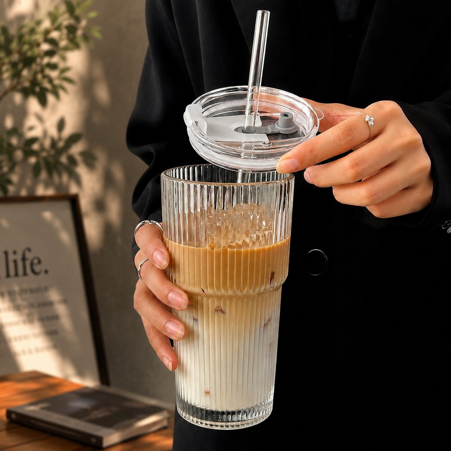 Image of JAY RAMDEV SELLER Drinking Glasses with Bamboo Lids and Glass Straw Glass Tumbler (500 ml)