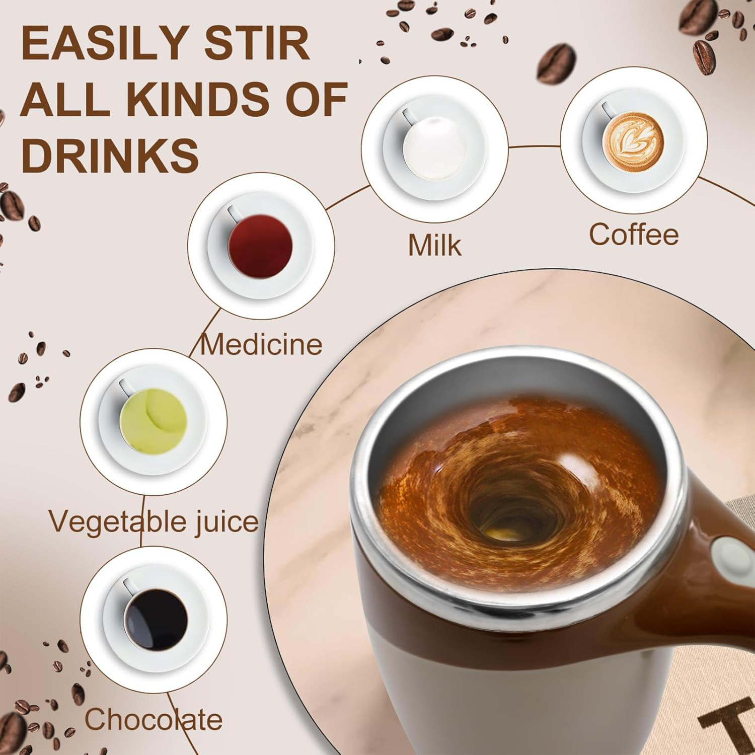 Image of Cartavya Luxury Magnetic Self-Stirring Travel Cup, For Coffee, Tea, Chocolate & More Stainless Steel Coffee Mug (380 ml)