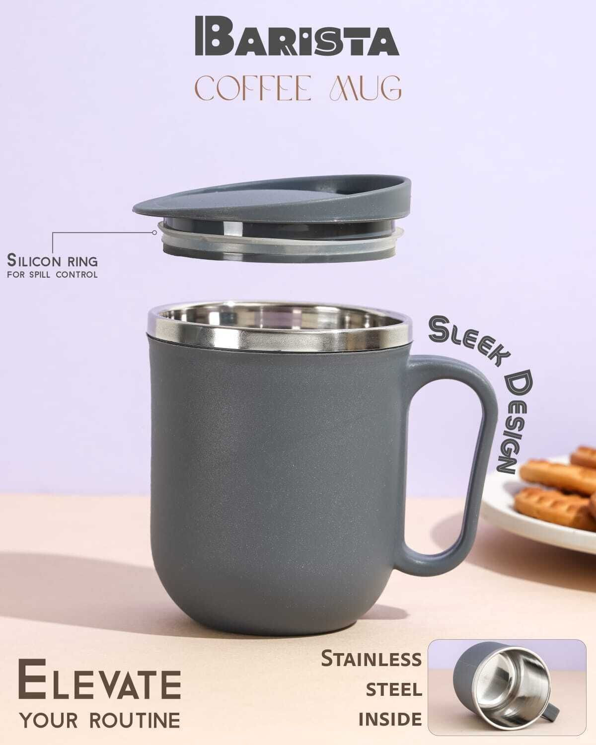 Image of Auriva Unbreakable Double Wall with Handle & Lid, Keeps Beverages Hot & Cold Stainless Steel Coffee Mug (300 ml, Pack of 2)
