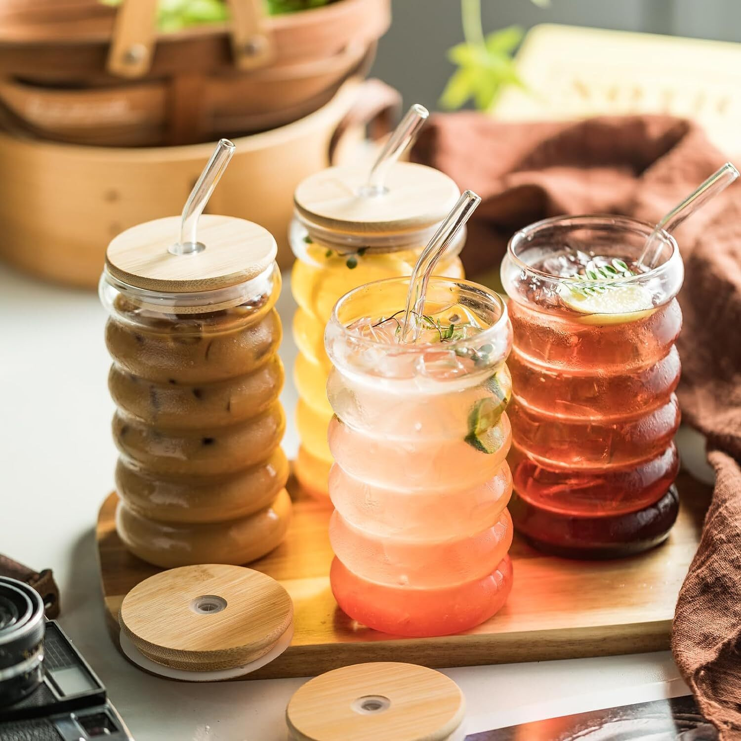 Image of JAY RAMDEV SELLER Drinking Glasses with Bamboo Lids and Glass Straw Glass Tumbler (500 ml)