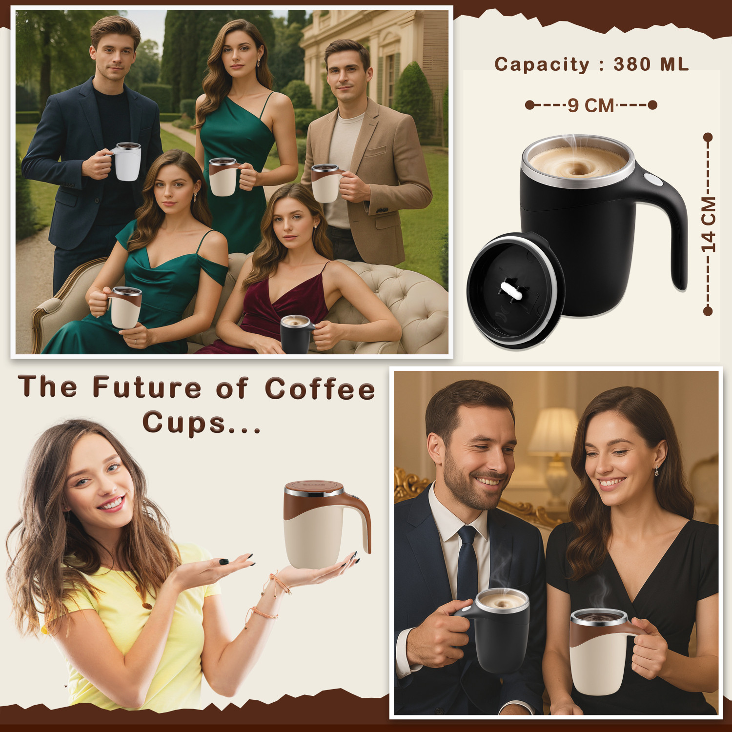 Image of Cartavya Luxury Magnetic Self-Stirring Travel Cup, For Coffee, Tea, Chocolate & More Stainless Steel Coffee Mug (380 ml)
