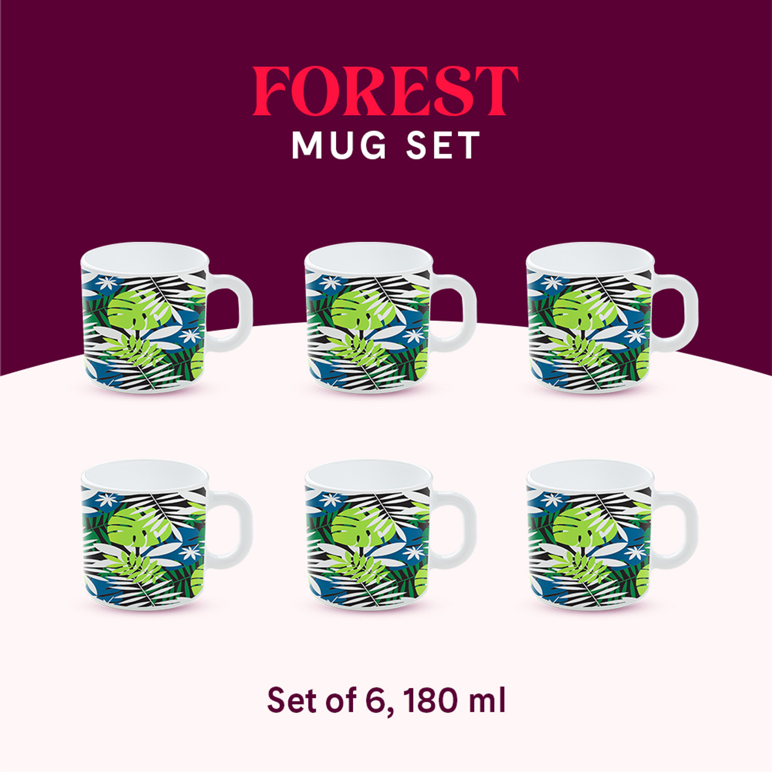 Image of Larah by Borosil Forest Tea /Coffees, Bone Ash Free Crockery Set Ideal For Daily Use & Gifting Opalware Coffee Mug (180 ml, Pack of 6)