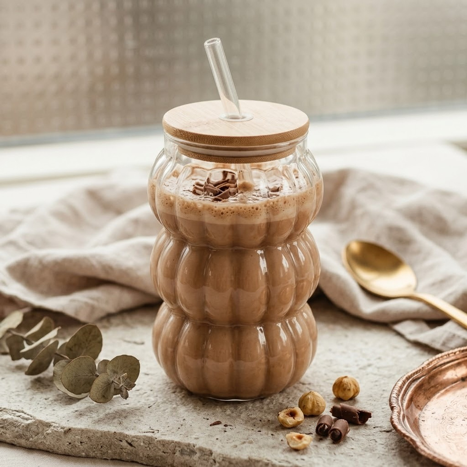 Image of JAY RAMDEV SELLER Drinking Glasses with Bamboo Lids and Glass Straw Glass Tumbler (500 ml)