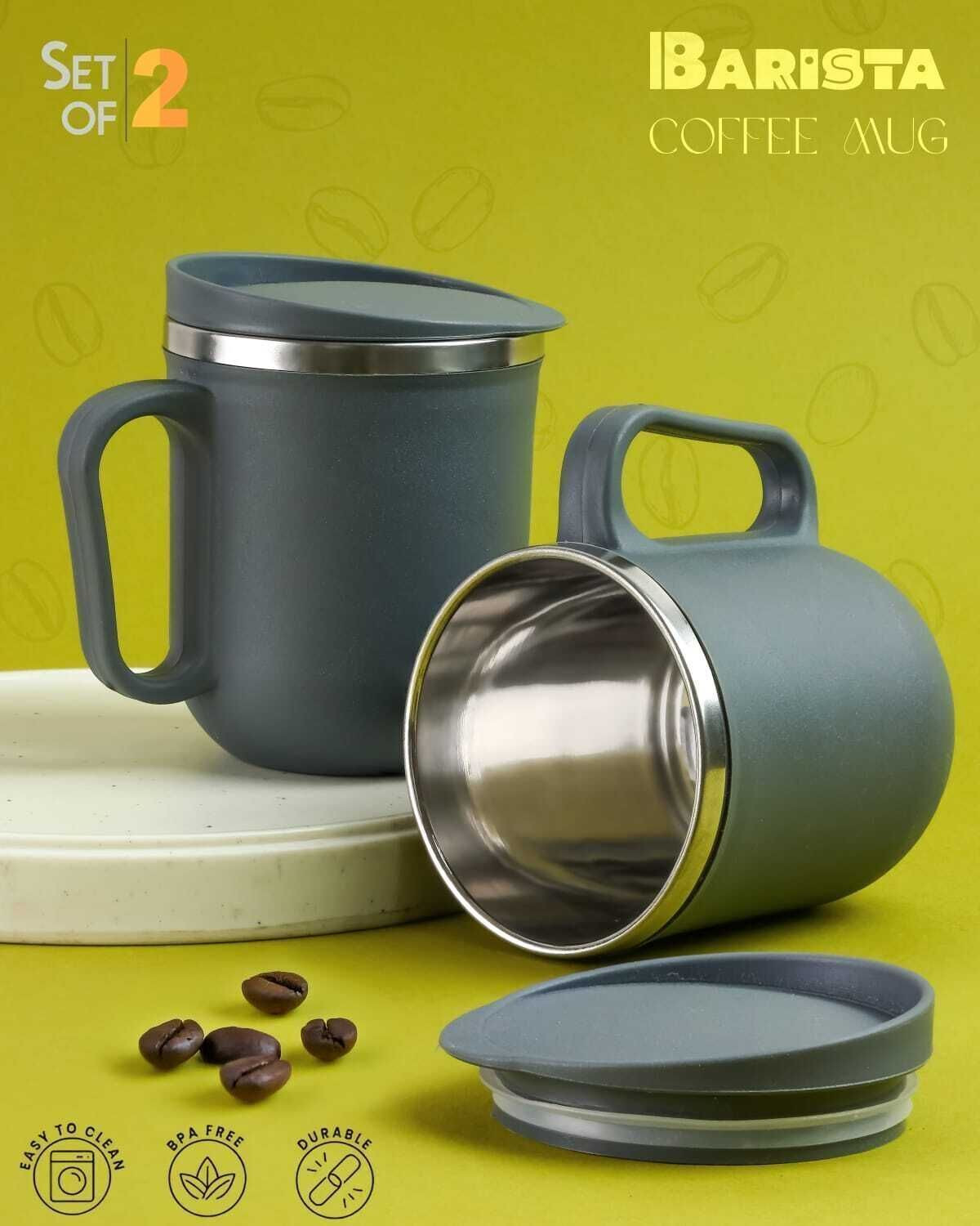 Image of Auriva Unbreakable Double Wall with Handle & Lid, Keeps Beverages Hot & Cold Stainless Steel Coffee Mug (300 ml, Pack of 2)