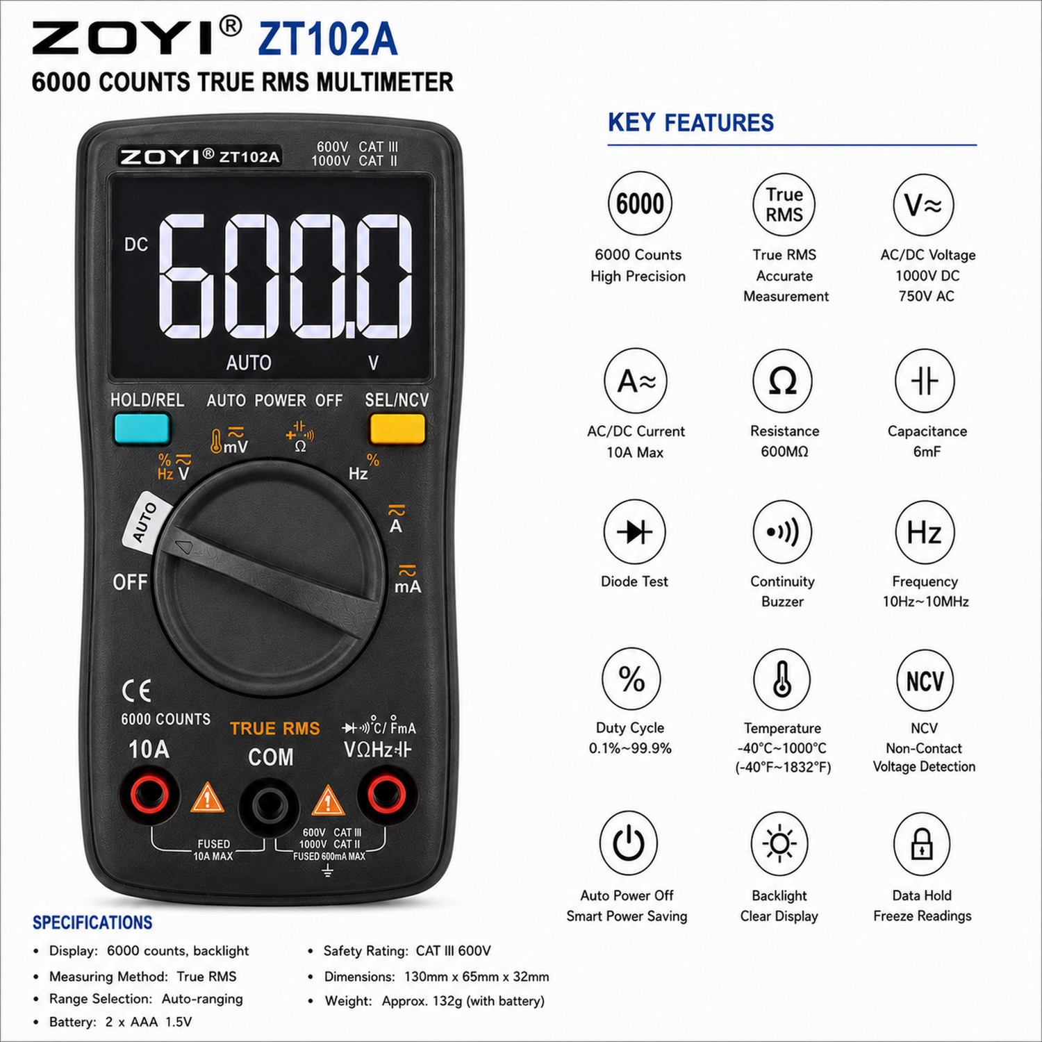 Image of Zotek ZT-102A Digital Multimeter (Black 6000 Counts)
