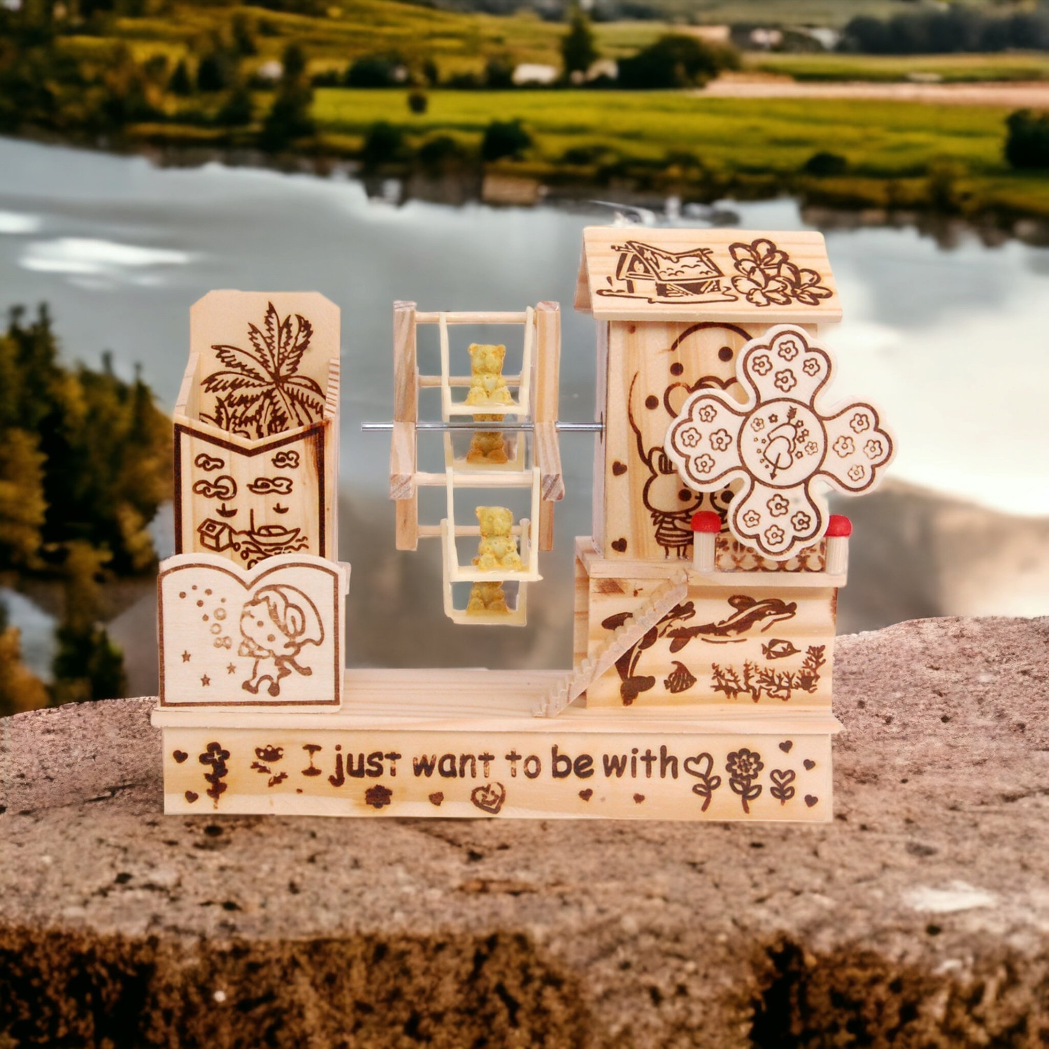 Image of Chocozone Wooden Hand Crank Music Box with Giant Wheel Swing & Teddy Bear Pen Stand Music Box