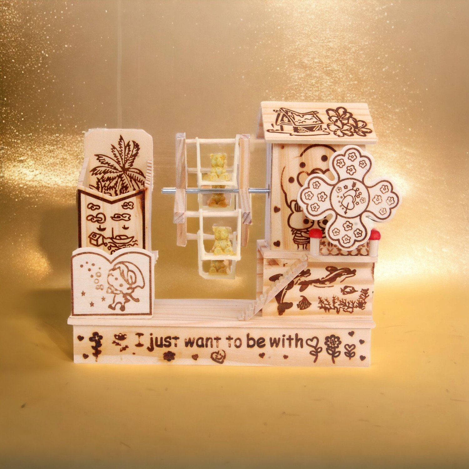 Image of Chocozone Wooden Hand Crank Music Box with Giant Wheel Swing & Teddy Bear Pen Stand Music Box