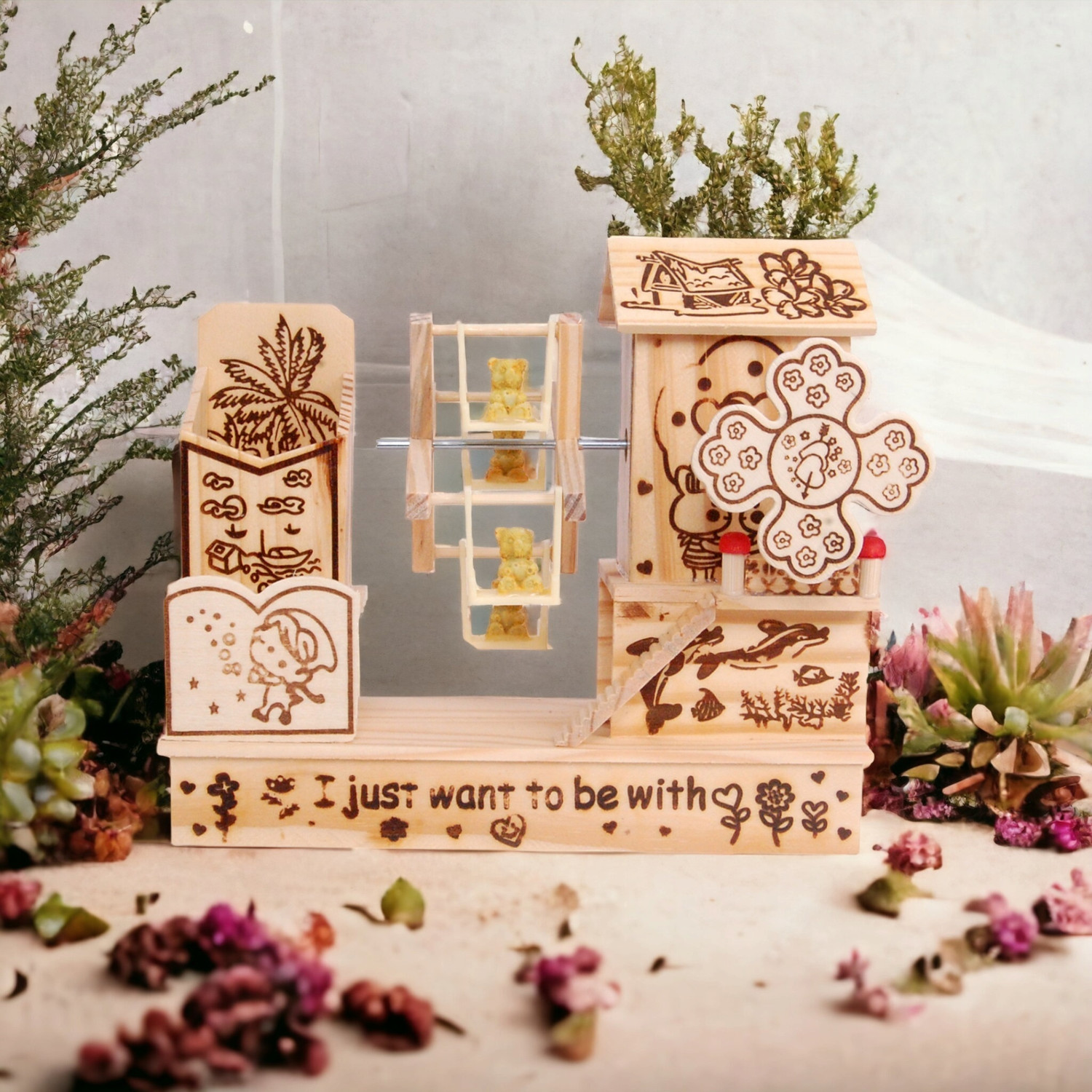Image of Chocozone Wooden Hand Crank Music Box with Giant Wheel Swing & Teddy Bear Pen Stand Music Box
