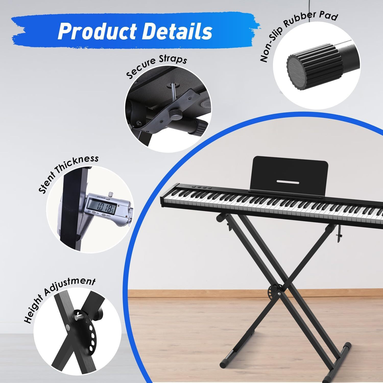 Image of Techtest Heavy-Duty Double-X Adjustable Piano Keyboard Stand with Locking Straps Keyboard Stand
