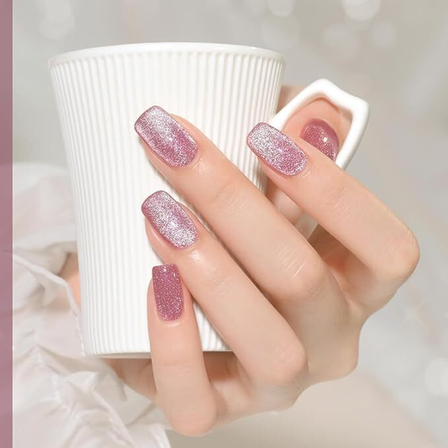 Image of NPAH Cat Eye Gel Nail Polish Set Pink Brown Glitter Holographic Salon Gel Pink