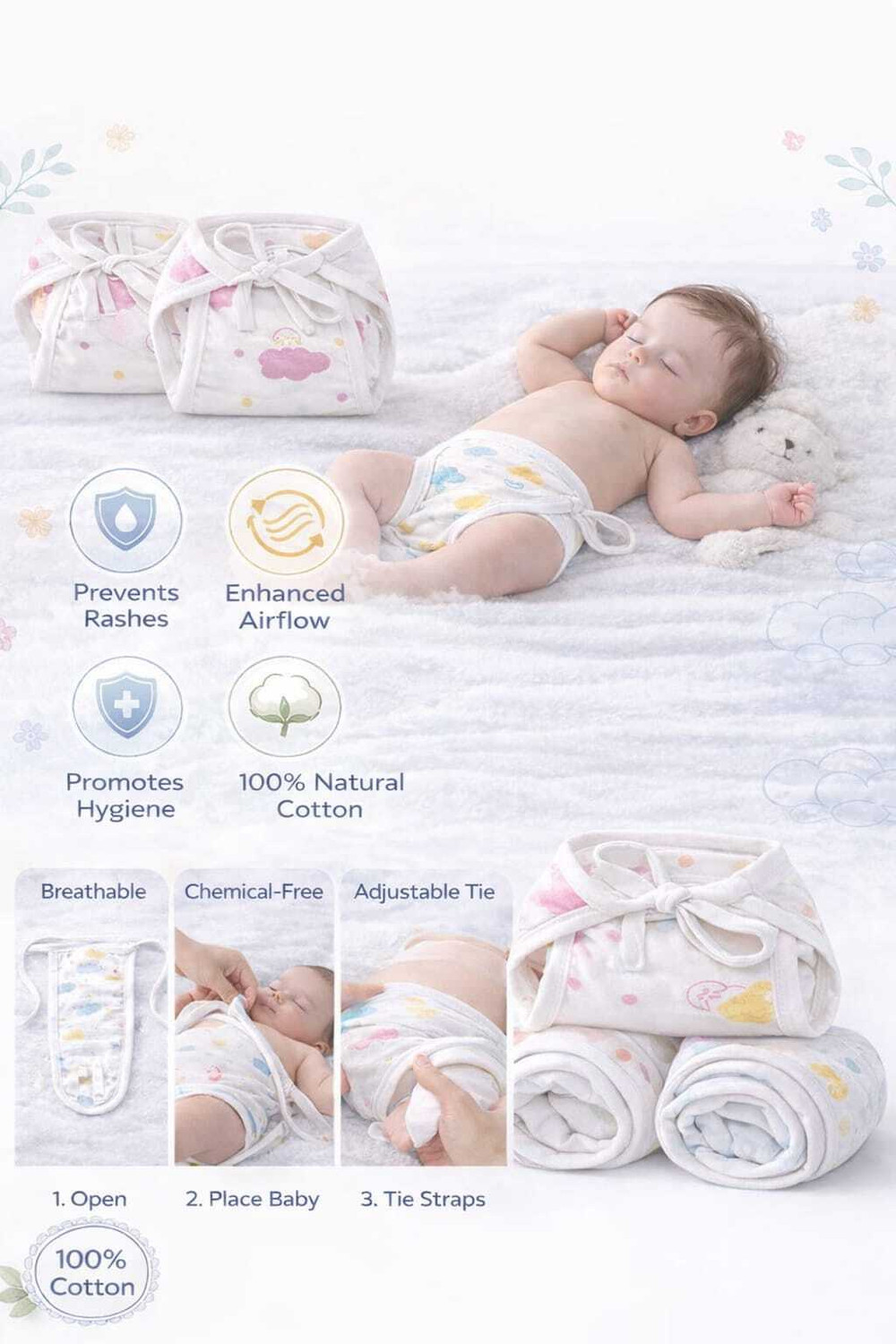 Image of Little Love Super Premium U Shaped Baby Cloth Langots Nappies | Washable Cotton Set of 12