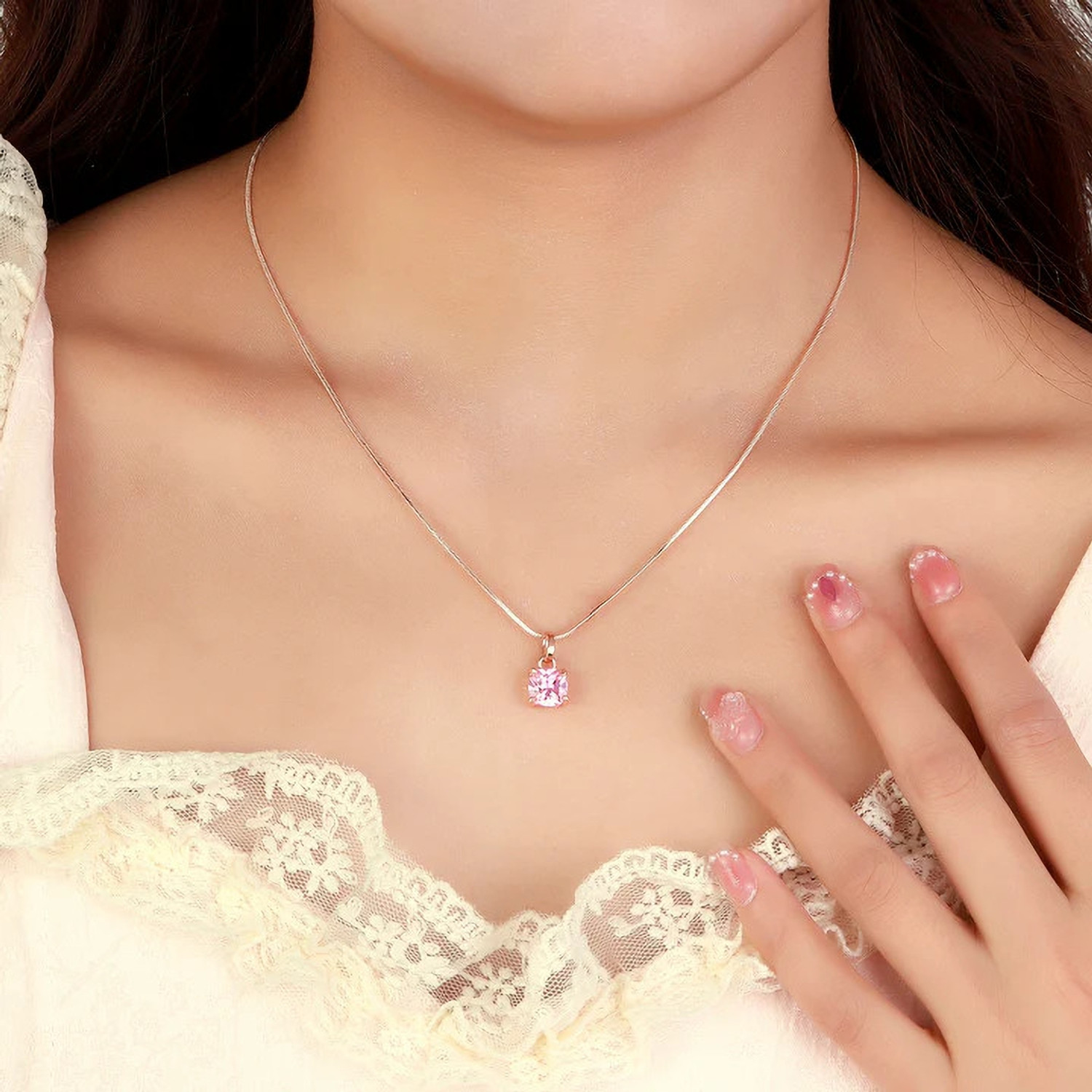 Image of SHURAAY Pink Crystal Solitaire Pendant Necklace for Women | Elegant Minimal Jewelry Crystal Gold-plated Plated Metal Necklace