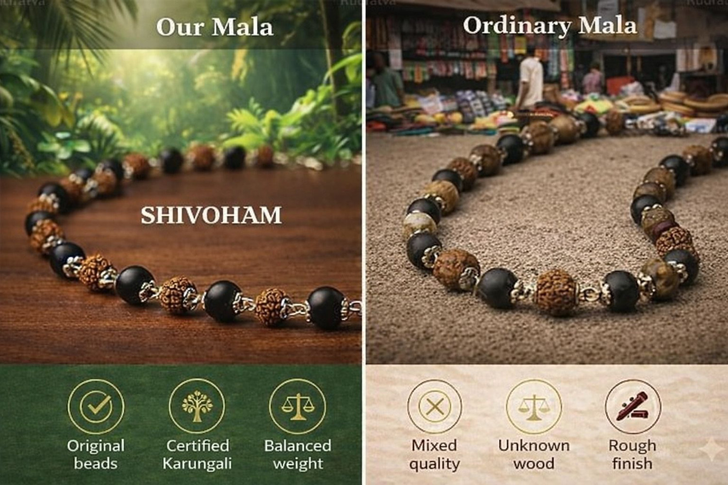 Image of ShivaRatna Original Karungali & Rudraksha Mala | 54 Beads with 5 Mukhi Powerful Pendent Rudraksha Necklace