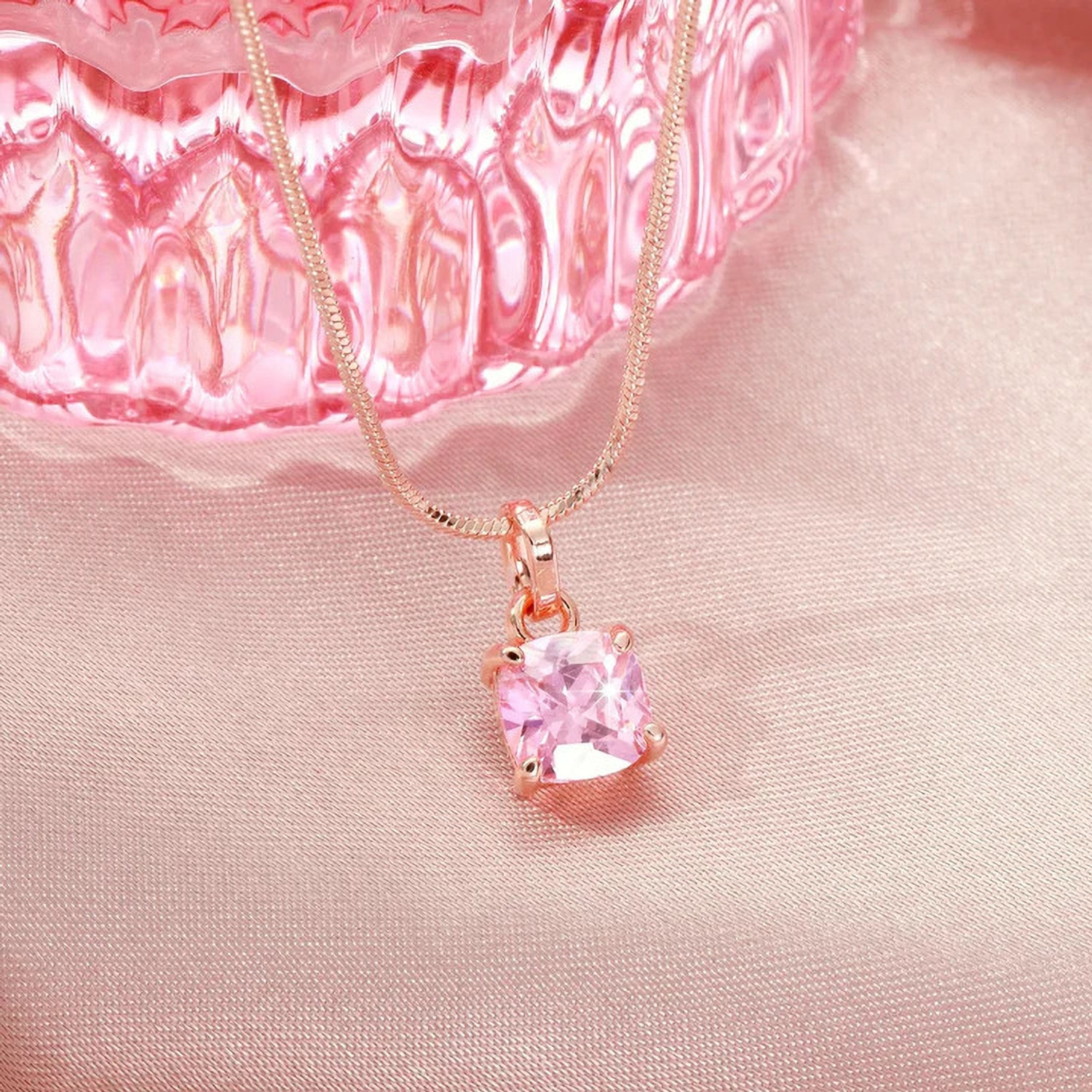 Image of SHURAAY Pink Crystal Solitaire Pendant Necklace for Women | Elegant Minimal Jewelry Crystal Gold-plated Plated Metal Necklace