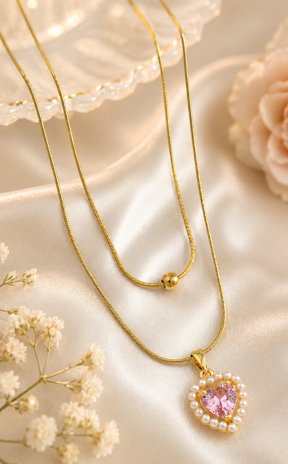 Image of SHURAAY Pink Crystal Solitaire Pendant Necklace for Women | Elegant Minimal Jewelry Crystal Gold-plated Plated Metal Necklace