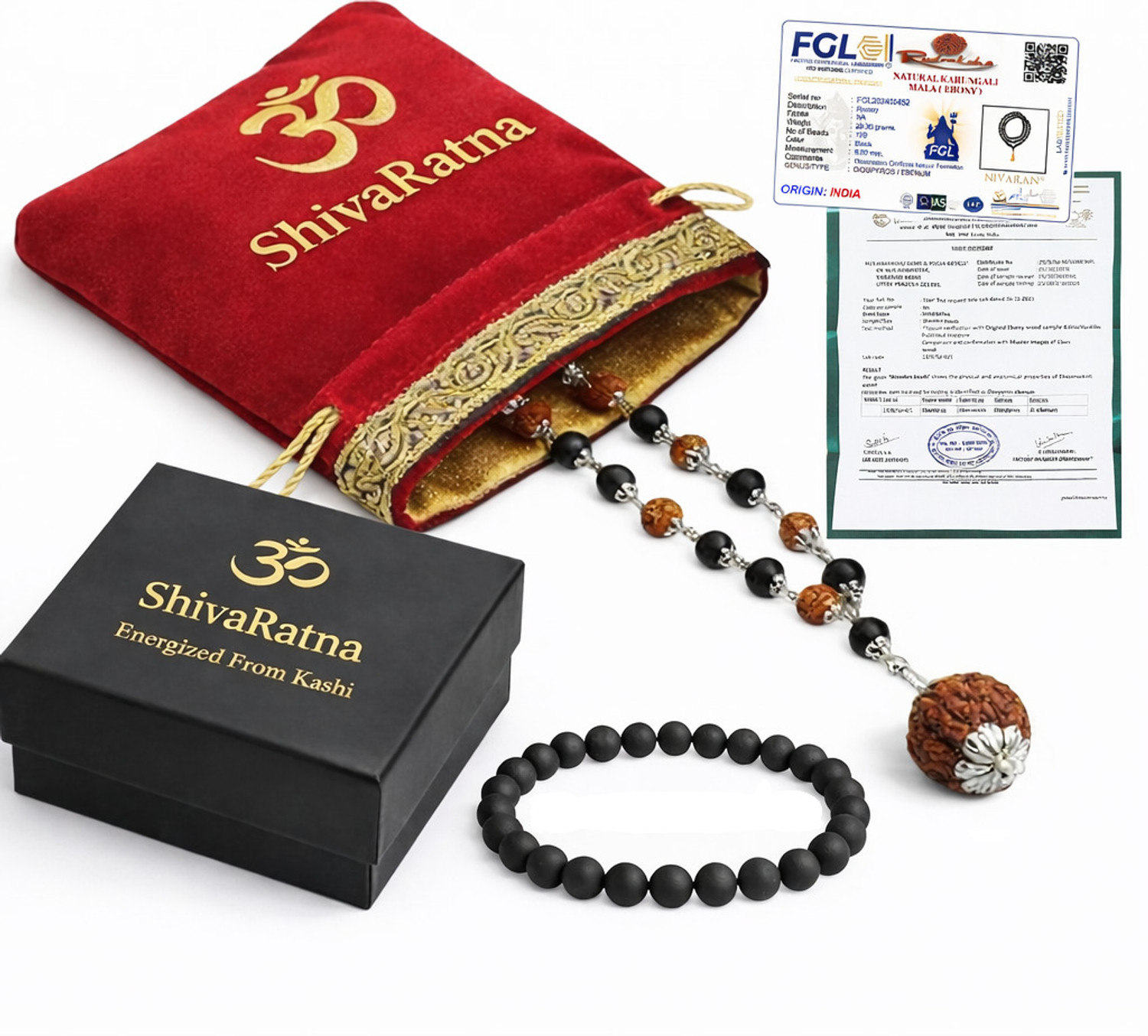 Image of ShivaRatna Original Karungali & Rudraksha Mala | 54 Beads with 5 Mukhi Powerful Pendent Rudraksha Necklace