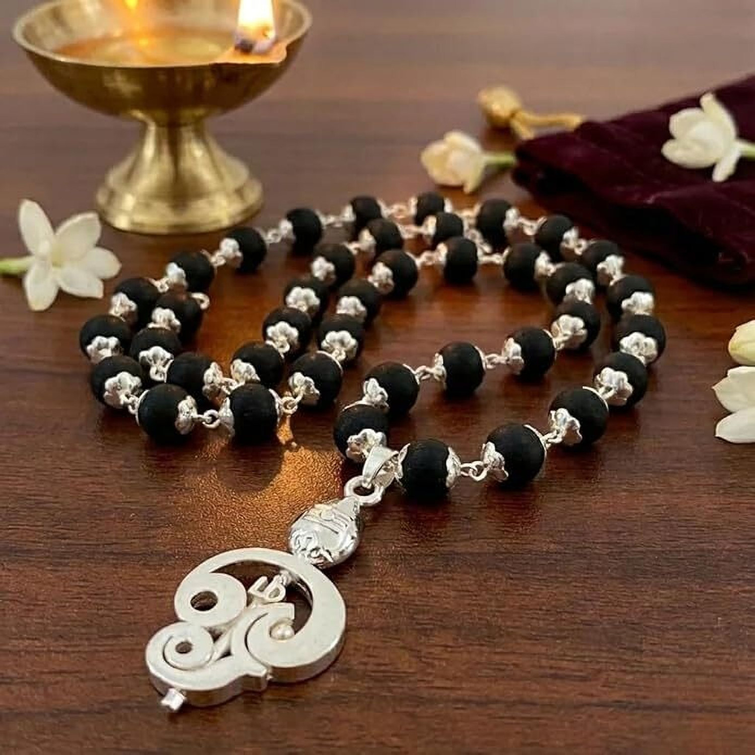 Image of ShivaRatna Original Karungali & Rudraksha Mala | 54 Beads with 5 Mukhi Powerful Pendent Rudraksha Necklace