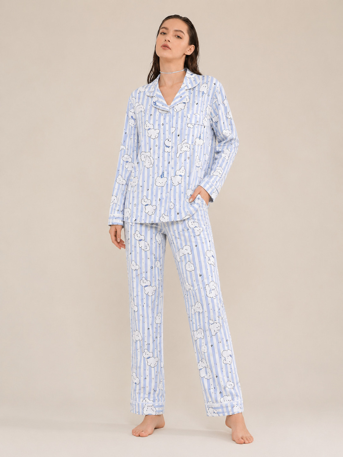 Image of IN Love Women Night Suit Set Blue Printed