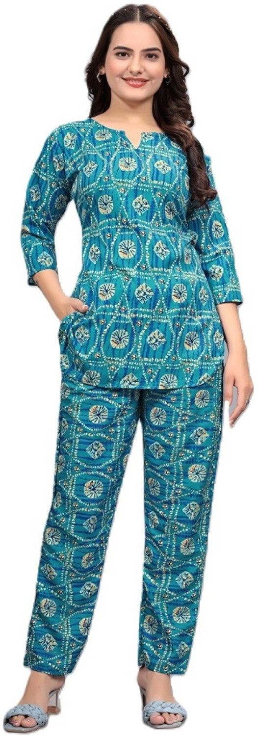 Image of IN Love Women Night Suit Set Blue Printed