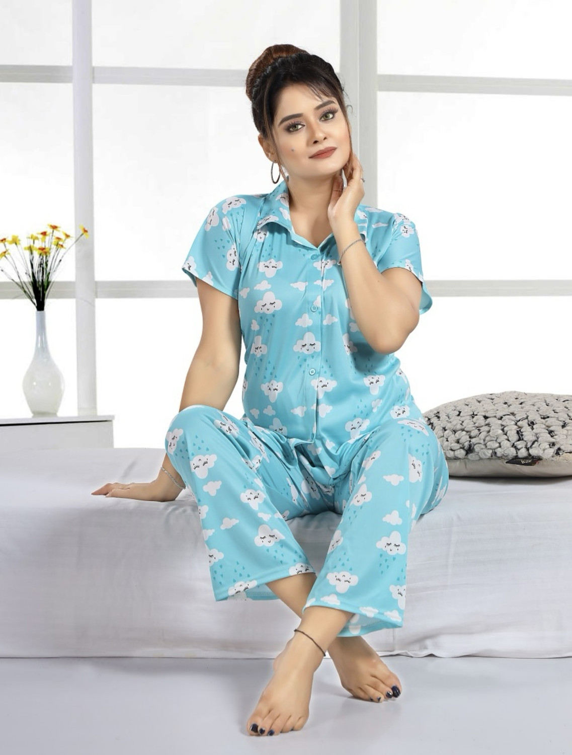 Image of Vania's grace Women Night Suit Set Blue Printed