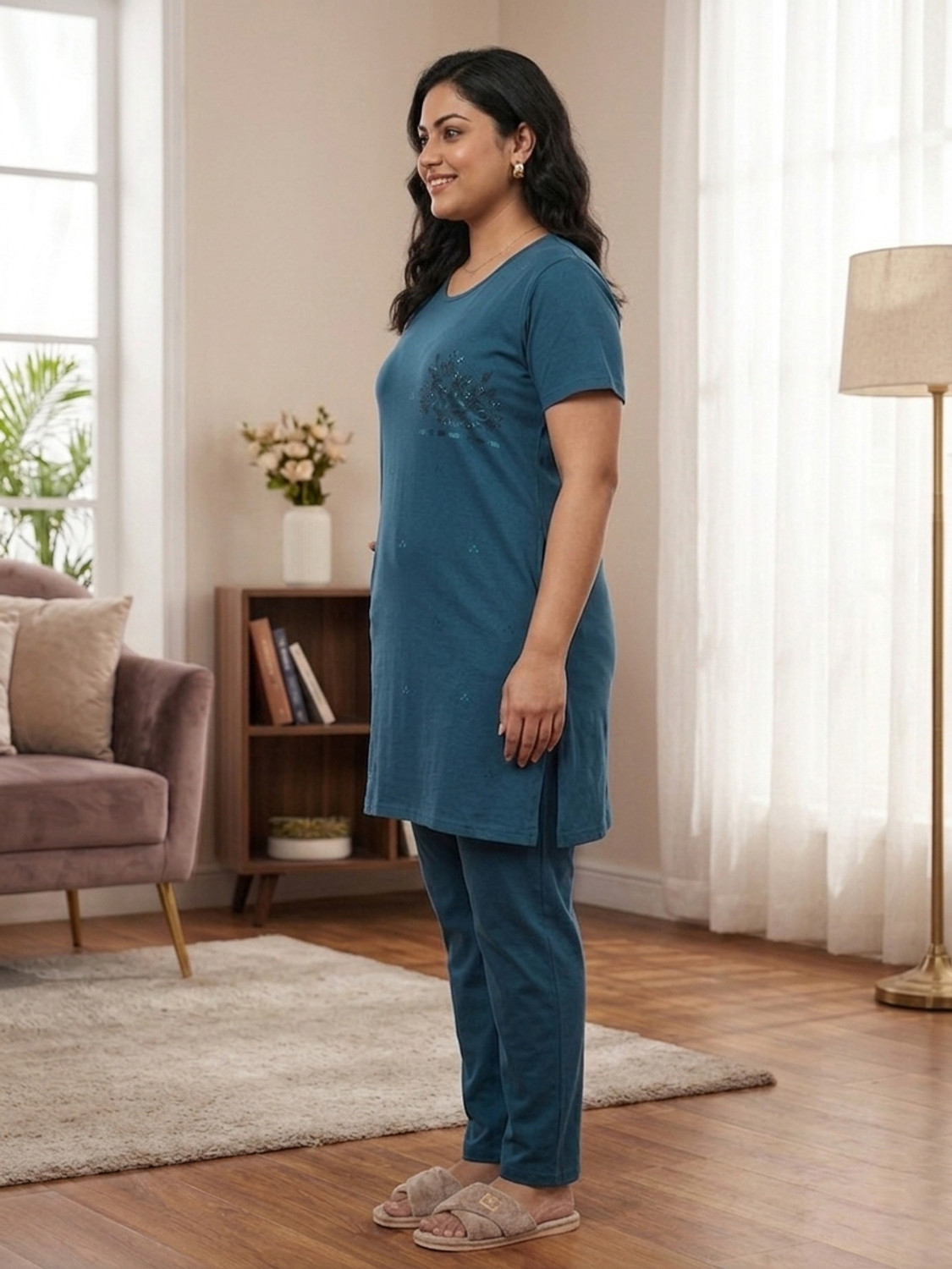 Image of IN Love Women Night Suit Set Blue Printed