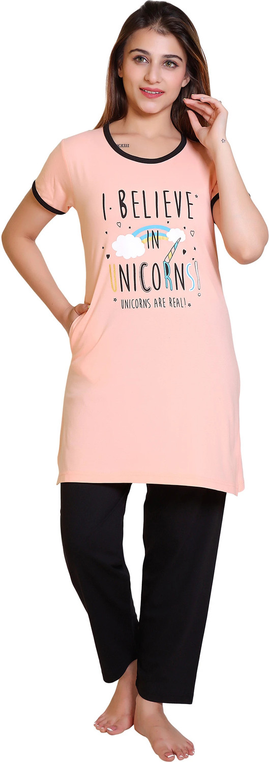 Image of E-MAX Women Top & Pyjama Set Orange, Black Printed
