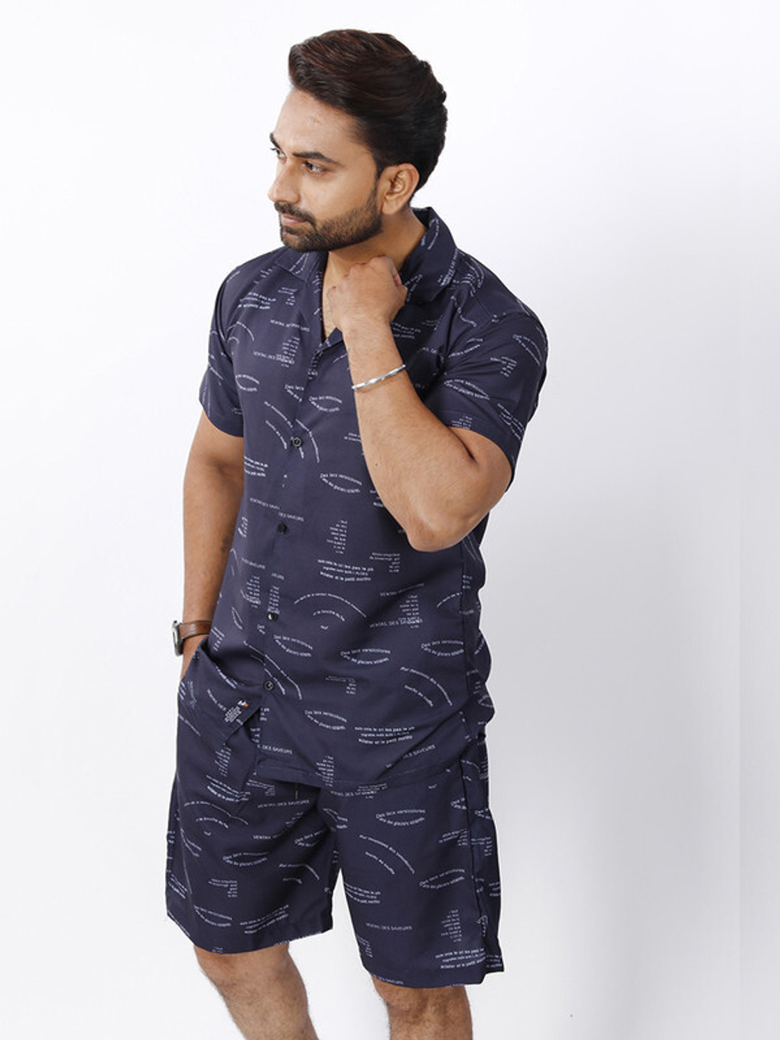 Image of CHEAPSHIRTS Men Night Suit Set Dark Blue Printed