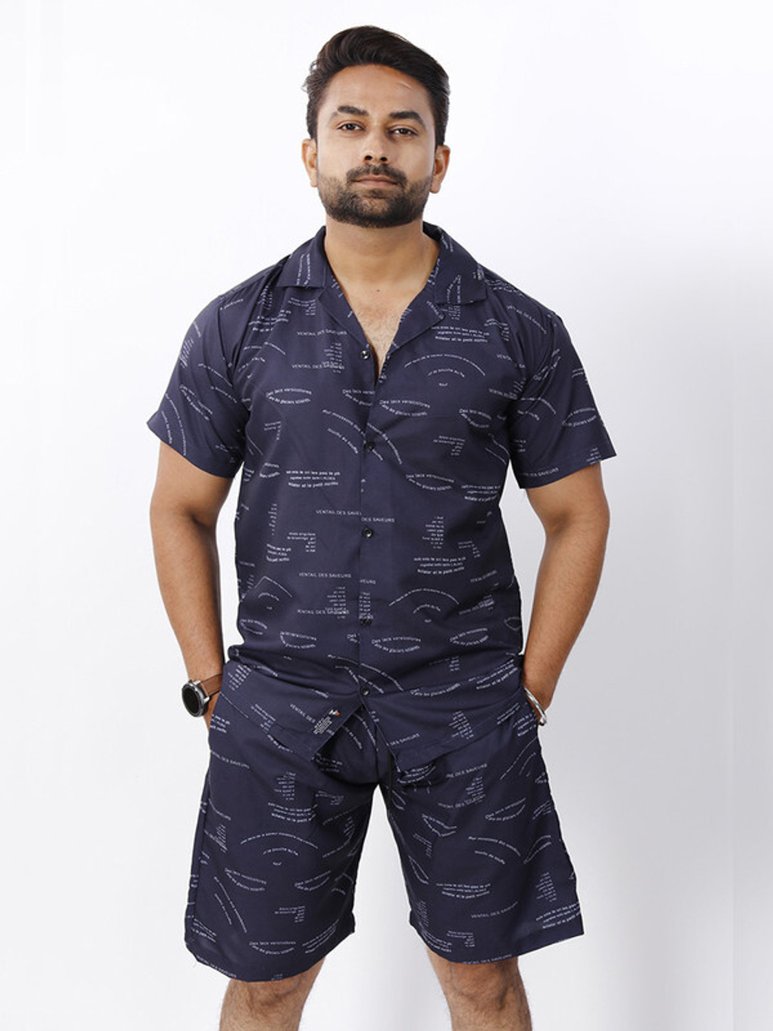 Image of CHEAPSHIRTS Men Night Suit Set Dark Blue Printed
