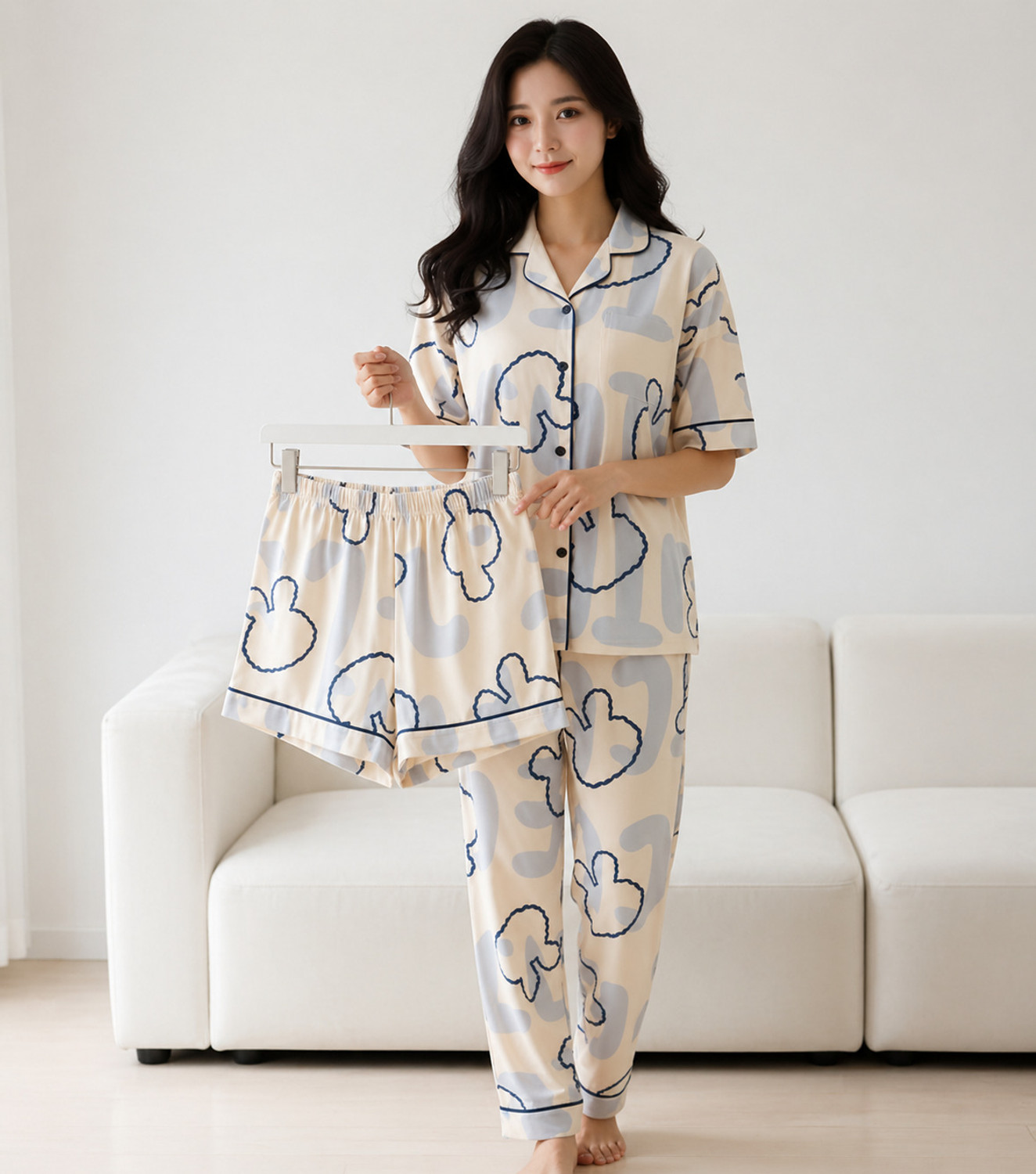 Image of Lugo Women Night Suit Set Beige Printed