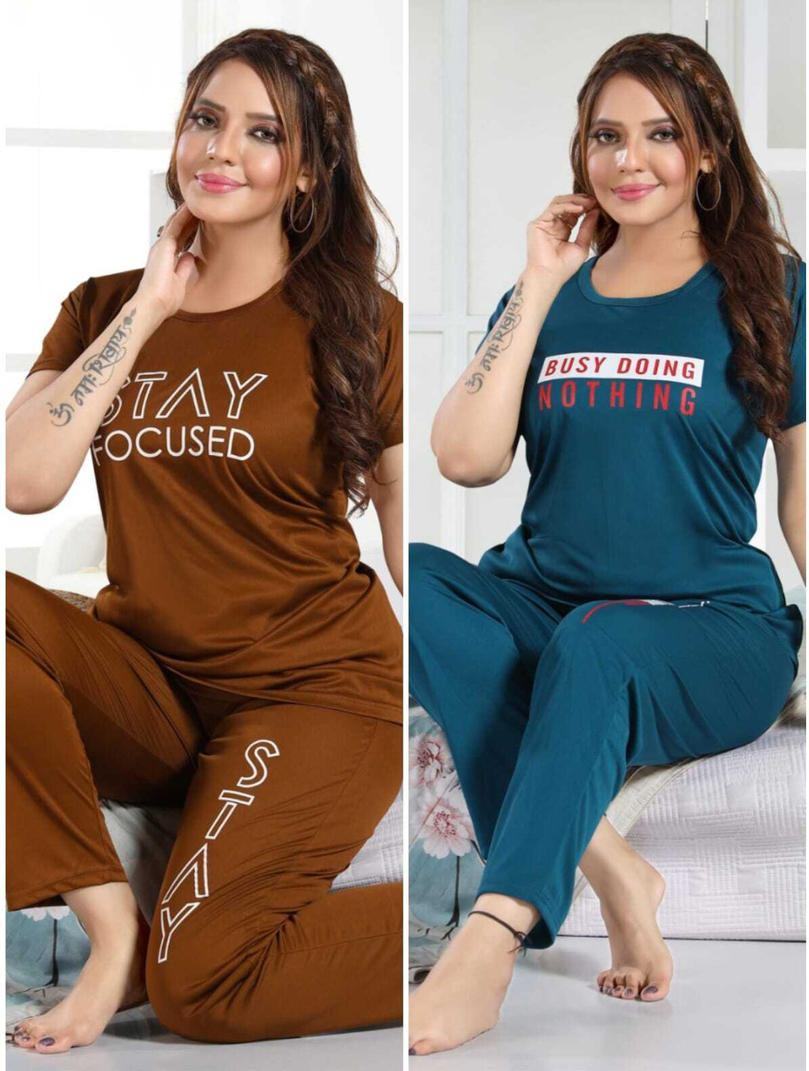 Image of Vania's grace Women Top & Pyjama Set Green, Blue Printed