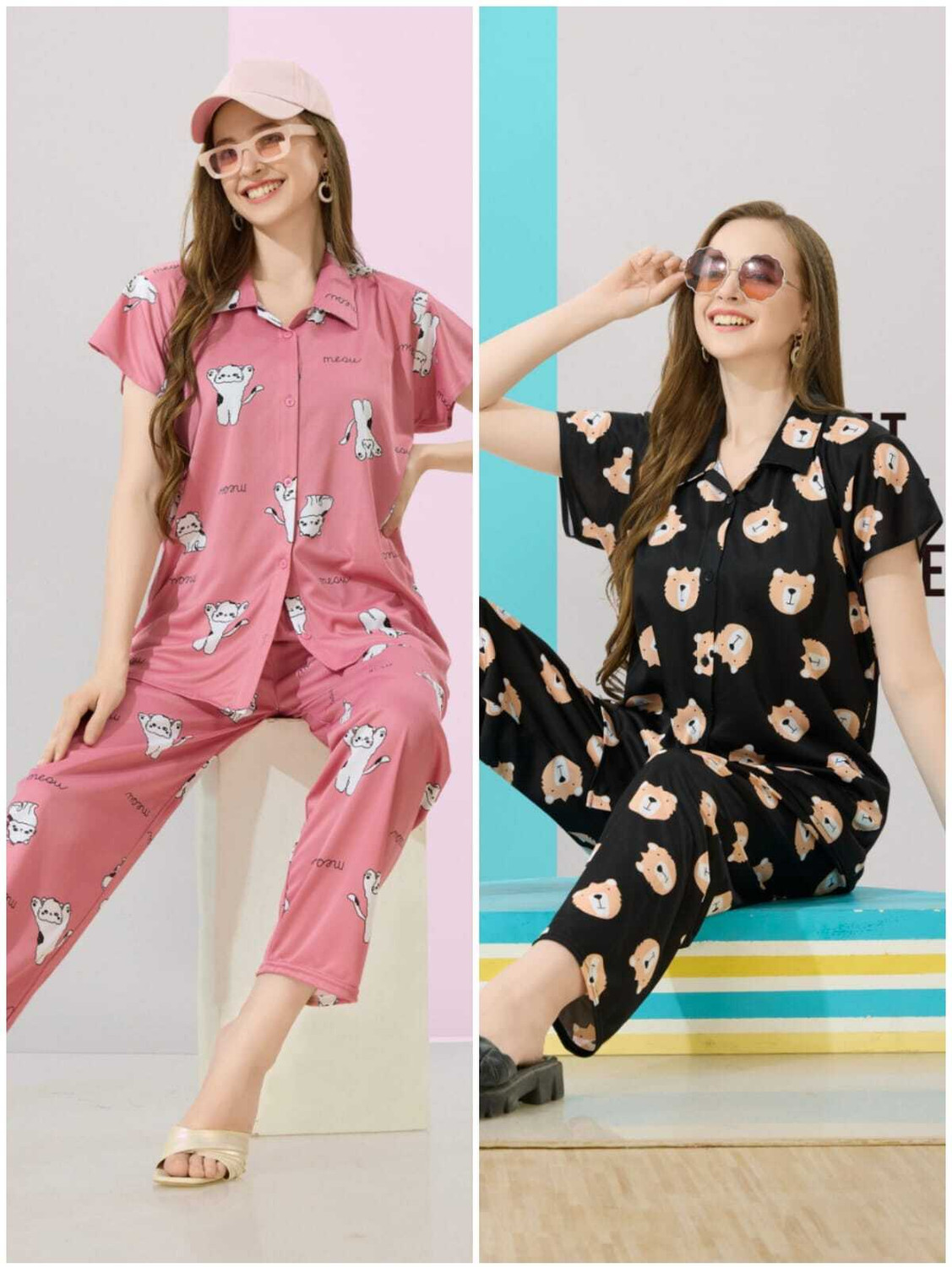 Image of Vania's grace Women Top & Pyjama Set Green, Blue Printed