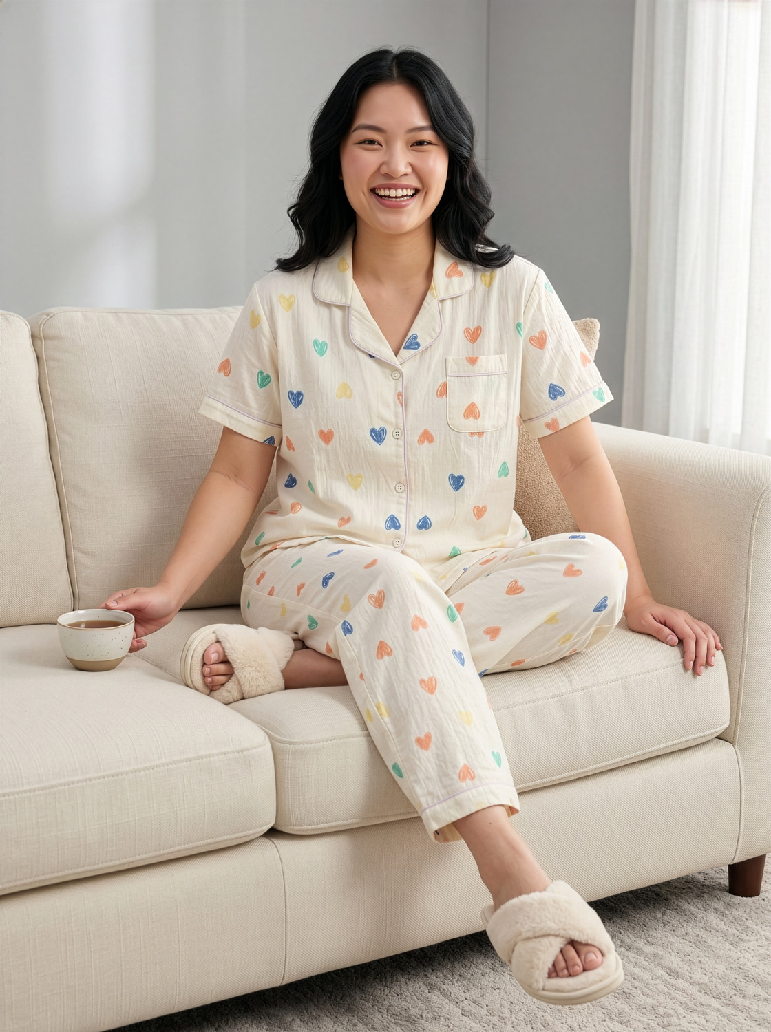 Image of Lugo Women Night Suit Set Beige Printed