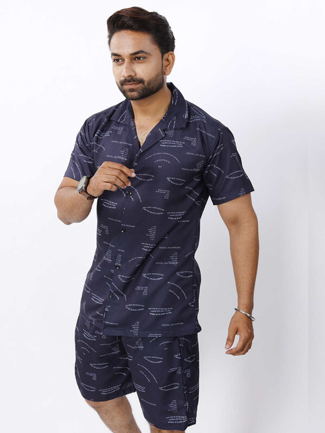 Image of CHEAPSHIRTS Men Night Suit Set Dark Blue Printed