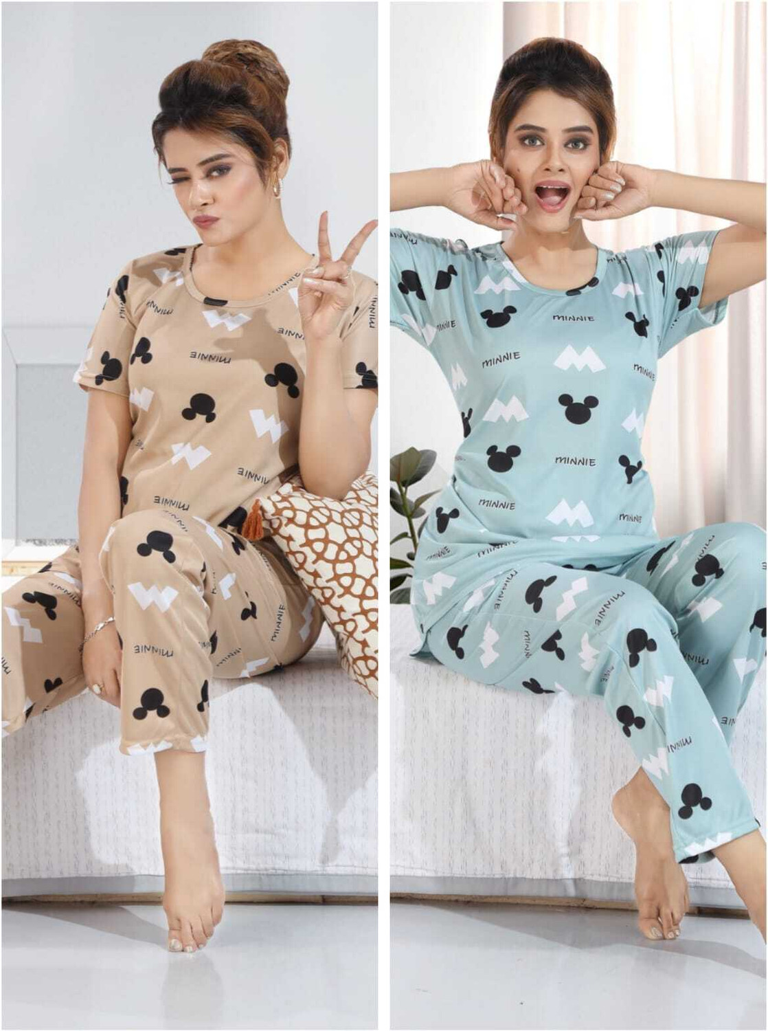 Image of Vania's grace Women Top & Pyjama Set Green, Blue Printed