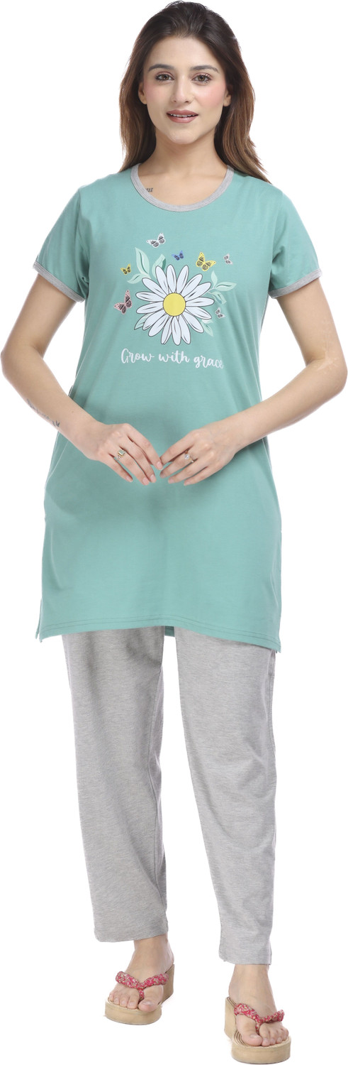 Image of E-MAX Women Top & Pyjama Set Orange, Black Printed