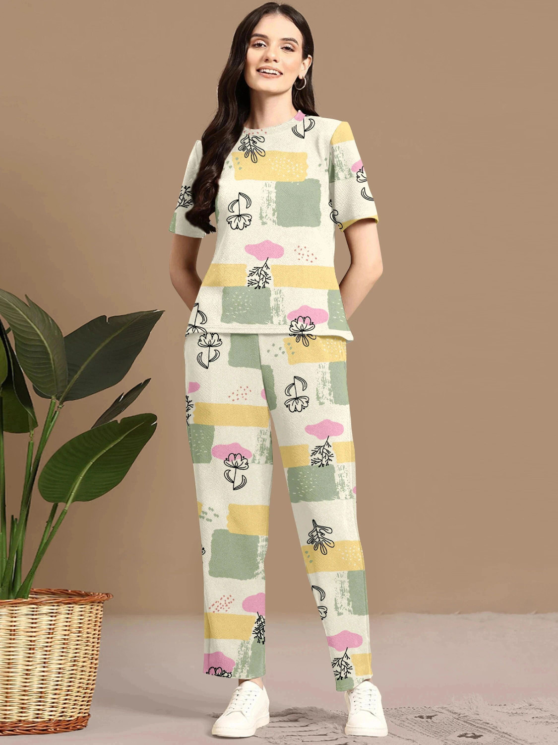 Image of Lugo Women Night Suit Set Beige Printed