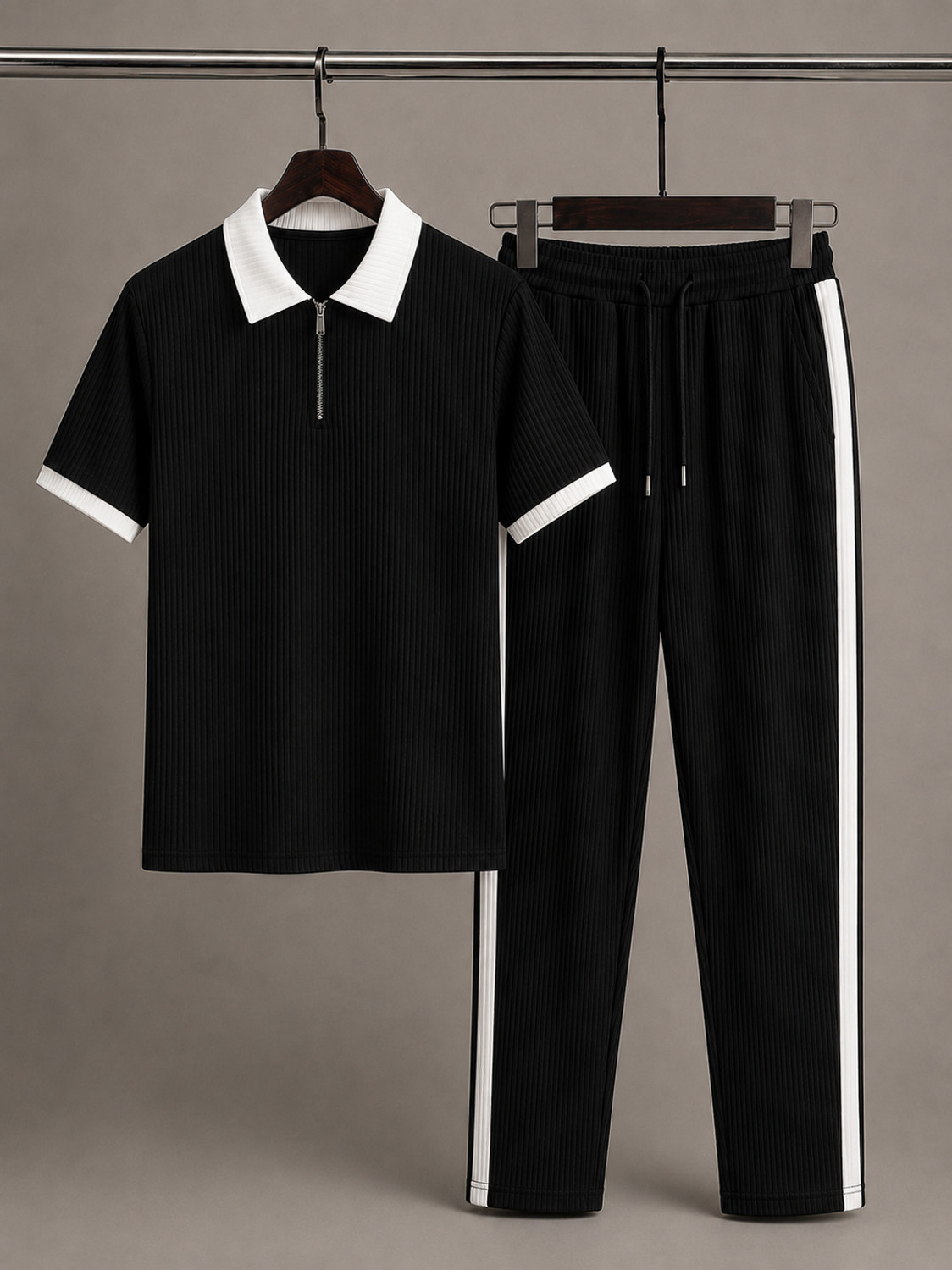 WOXELL Men Night Suit Black Striped - Image 1