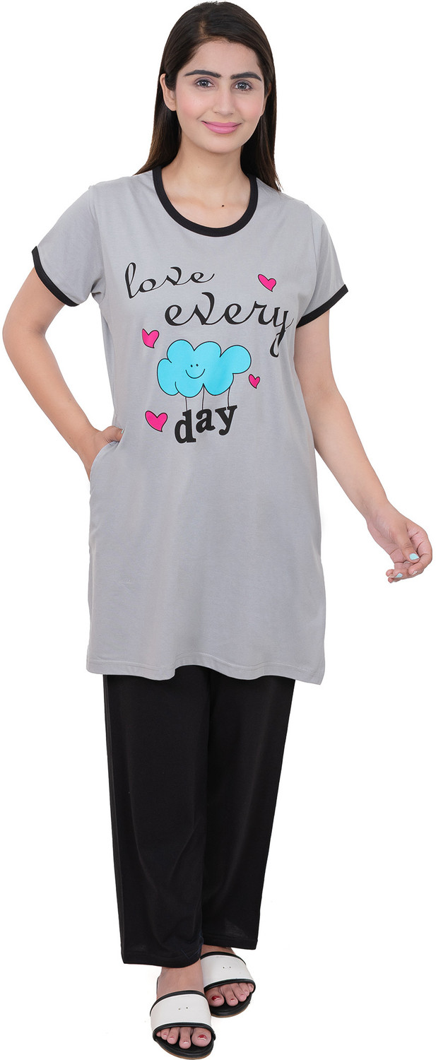Image of E-MAX Women Top & Pyjama Set Orange, Black Printed