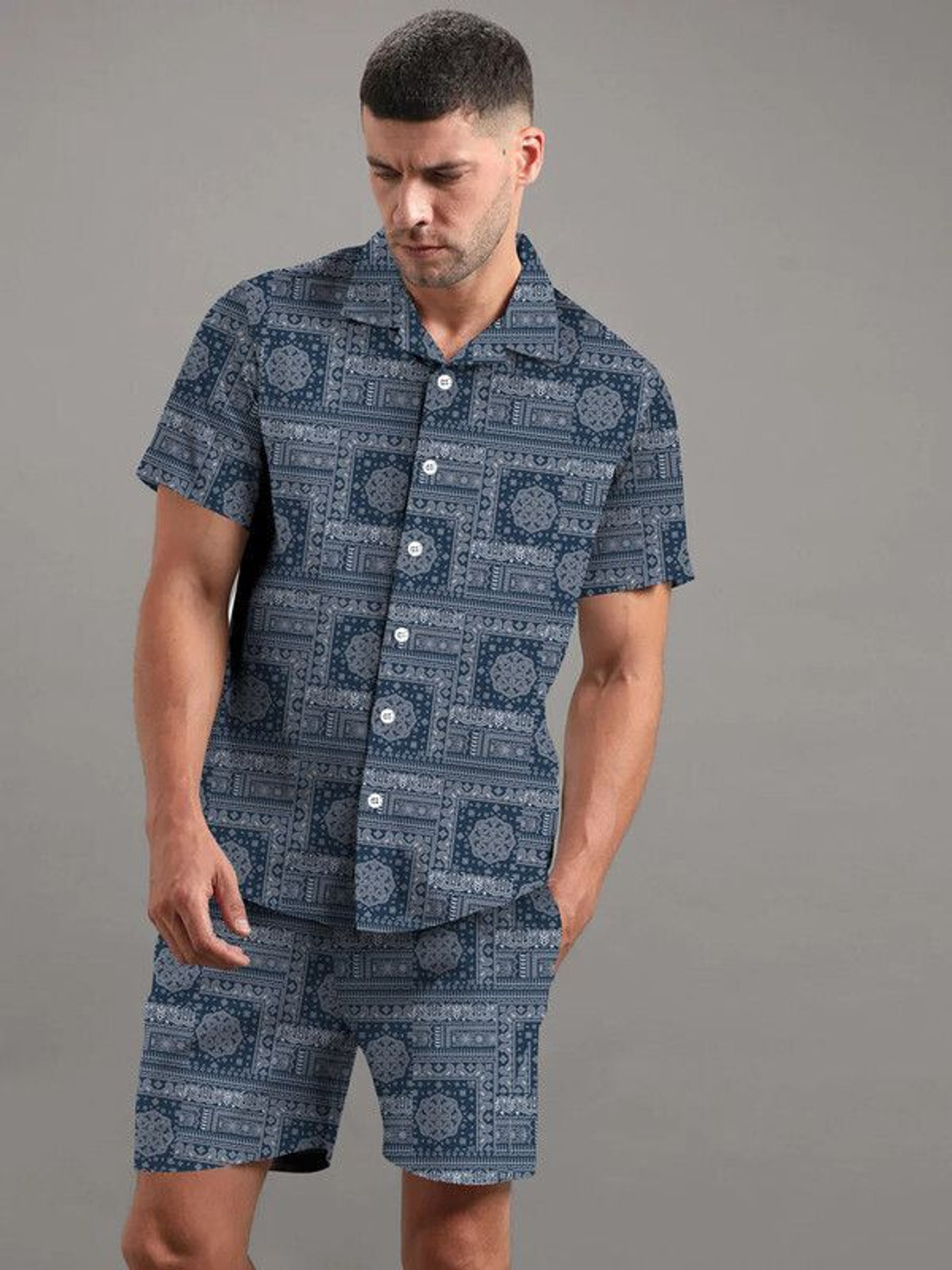 Image of CHEAPSHIRTS Men Night Suit Set Dark Blue Printed