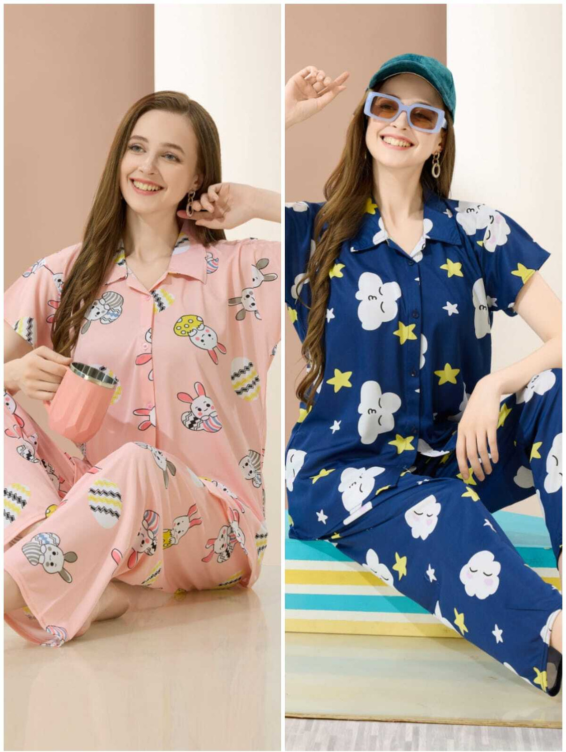 Image of Vania's grace Women Top & Pyjama Set Green, Blue Printed