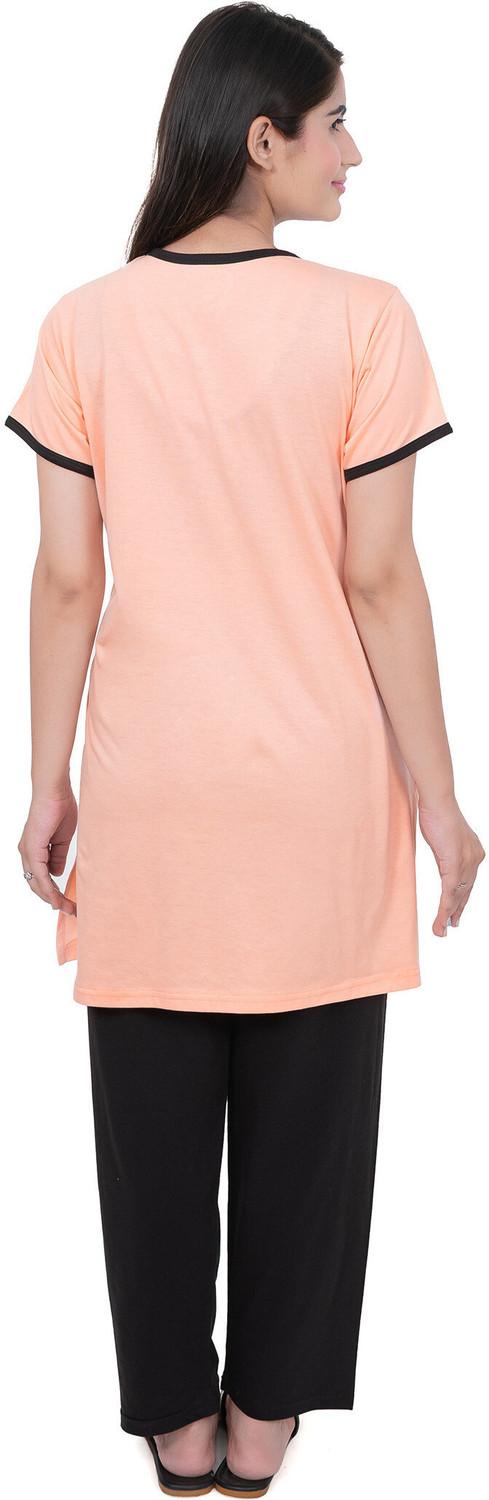 Image of E-MAX Women Top & Pyjama Set Orange, Black Printed
