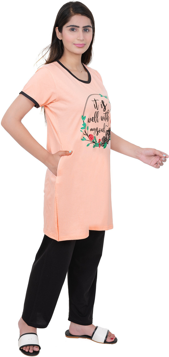 Image of E-MAX Women Top & Pyjama Set Orange, Black Printed