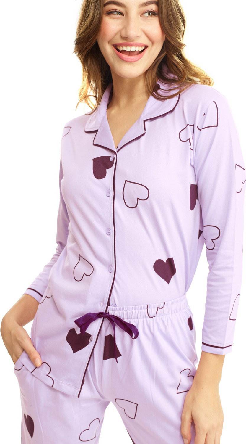 Image of LOTIK Women Night Suit Set Purple Printed