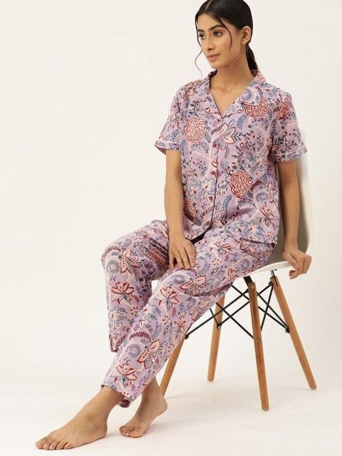 Image of Lugo Women Night Suit Set Beige Printed