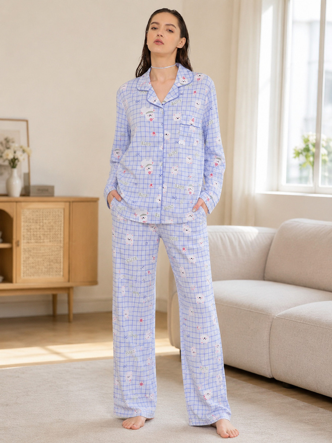 Image of IN Love Women Night Suit Set Blue Printed