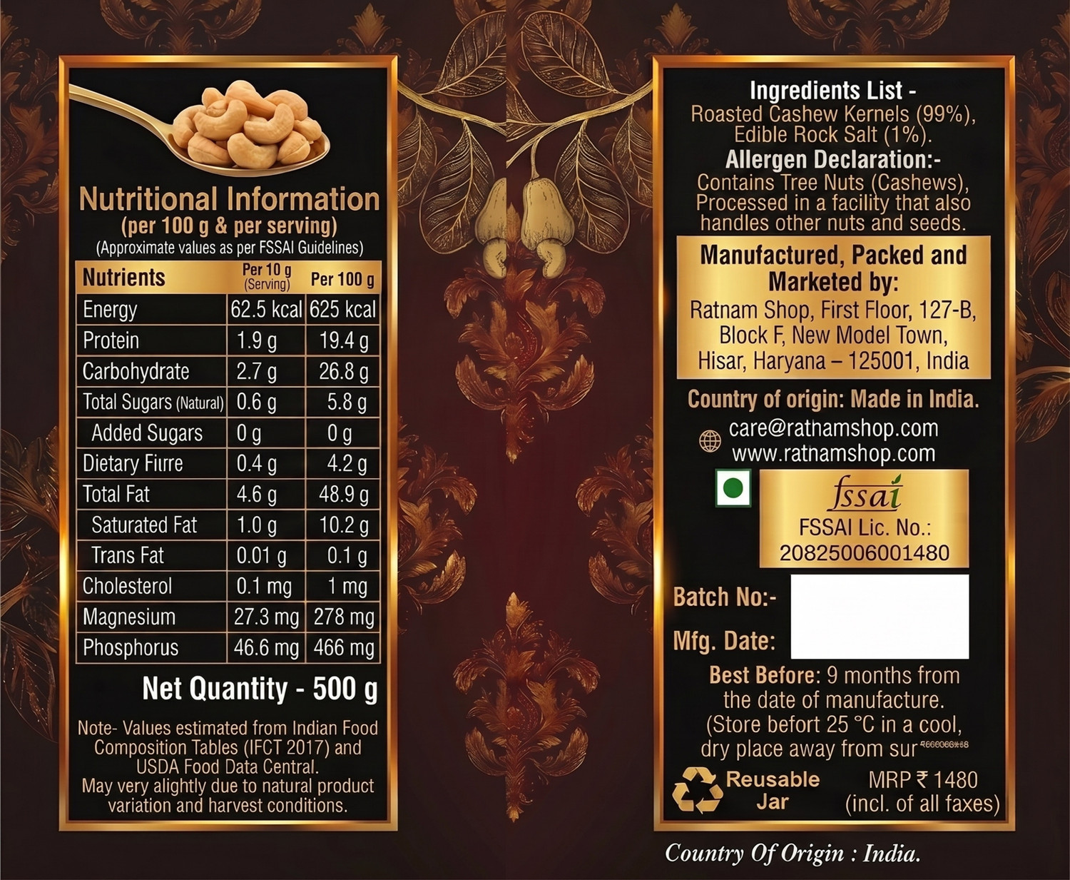 Image of Ratnam Shop Premium Salt Roasted CASH Cashews, Kernels (1 x 250 g)